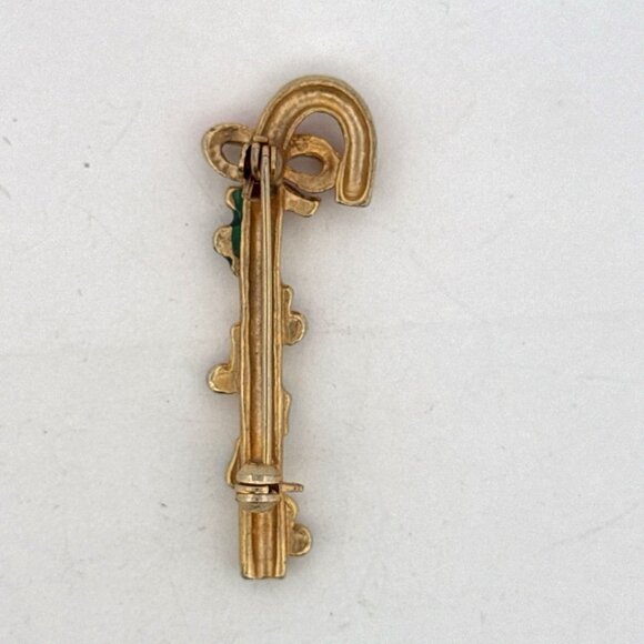 Estate Holiday Candy Cane Key Brooch, Red Green Enamel, 2" Gold Tone, 7.6g - Picture 2 of 5